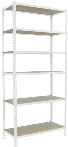 Simonrack Schwerlastregal, Lagerregal, 250x80x30 cm, Metallregal, Kellerregal, Biegestelle 150 kg, 6 Holzfachböden, Weiss/Holz - Maderclick