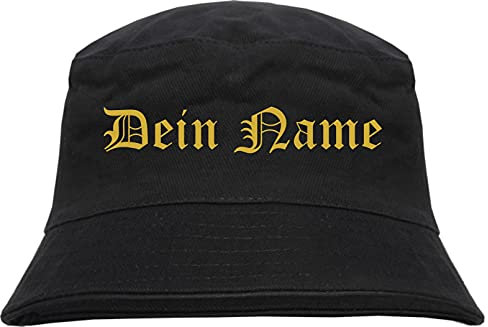 Individueller Anglerhut - altdeutsch - schwarz - Bucket Hat - Fischerhut mit Wunschtext Bedruckt Druckfarbe: Gold XL