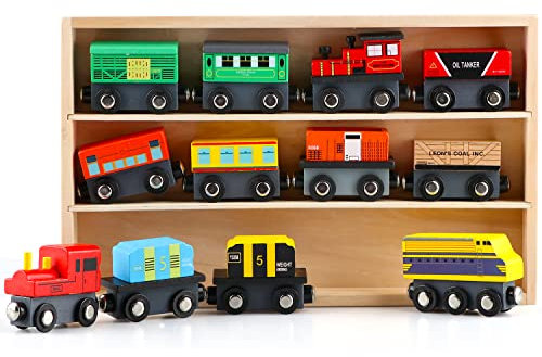 Jacootoys Set Trenino Magnetico in Legno con Scatola Portaoggetti (12 pezzi) Veicoli Educativi Automobili Motori per Ragazzi Ragazze 3 + Anni