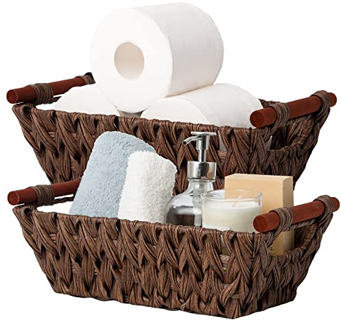 GRANNY SAYS Aufbewahrungskörbe für Regale, 2 Stück Körbe Aufbewahrung Geflochten, Regalkörbe mit Holzgriffen Aufbewahrung Badezimmer, Körbe Handgeflochtene, Wicker Storage Baskets for Shelf - Braun