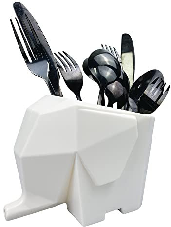 elthmpr Utensili da Cucina Contenitori Portaposate Elefante Bianco con Foro di Drenaggio per Riporre Coltelli e Forchette Porta Spugna Portaspazzolino Delicato Vaso di Fiori