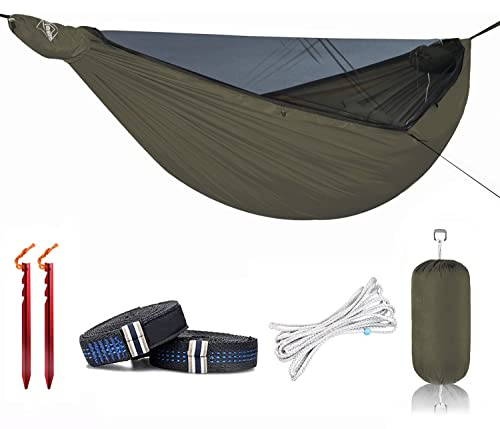 Onewind 12 fot campinghängmatta med myggnät och struktur ridgeline, lätt bärbar dubbel hängmatta med 3,7 m trädremmar och insekt, perfekt för vild camping, vandring, backpacking, OD grön
