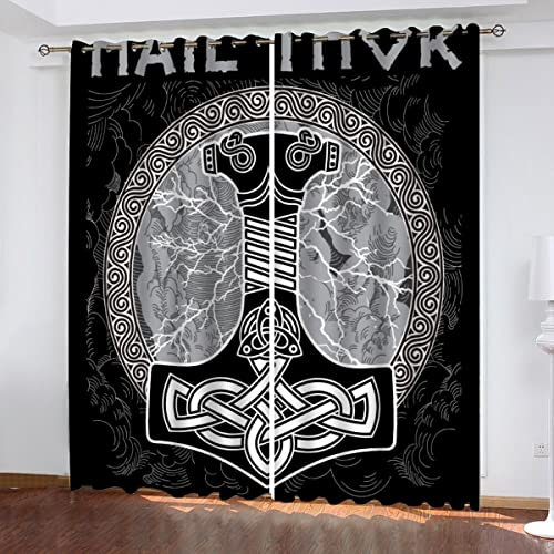 NUYSP Wikinger Gardinen mit ösen B 140 X H 160 cm Thors Hammer Schallschutz Polyester Vorhang Blickdicht für Mädchen Jugendzimmer Wohnzimmer Modern Dekoration Verdunkelung Vorhänge 2er Set