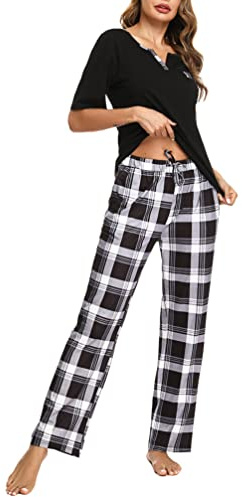 Bresdk Ensemble de Pyjama Femme Coton Vêtements de Nuit Haut à Manches Courtes de Couleur Unie Bas de Pyjama à Carreaux 2 Pièces