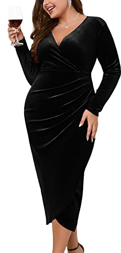 ZOMVA 2023 Plus Size Abito Avvolgente in Velluto con Maniche a Volant Lungo Maxi Linea a Trapezio Elegante per Feste di Nozze e Cocktail, B. Colore: Nero, 4XL (Plus)