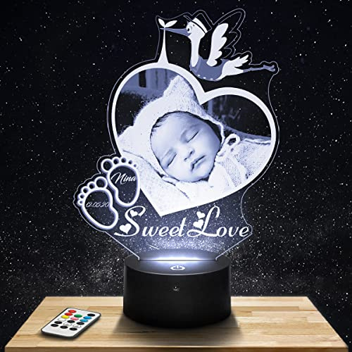 Lampephoto.fr Personalisierte Nachtlicht LED Storch für baby mit foto. Geschenk baby Nachtlicht 7/16 farben touch dimmbar. Babyzimmer Deko. Geburtsgeschenk. Taufgeschenk Geschenke nachtlampe.