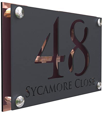 K Smart Sign | Simpatico A4 F32 | Matt Dark Gray Personalised House Signs Door Numbers Street Grey Address Number Plaques | 280mm x 180mm (Matt Dark Gray & Rose Gold Mirror)