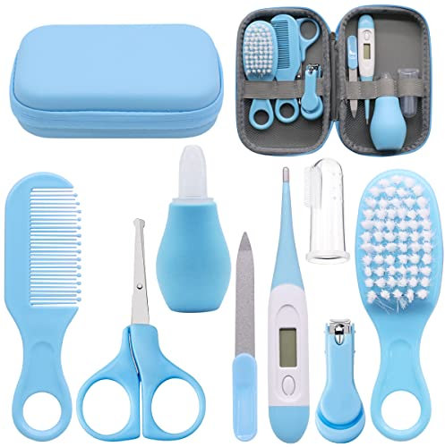 VicBou 8pcs Baby Grooming kit, Newborn Baby Care Accessories with Zipper Box, Baby Hair Nail Thermometer Care Set, Baby Healthcare Set for Newborn Infant, Toddler Girls & Boys (Blue)