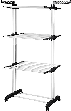 Drumm Séchoir à Linge Pliable sur Pied avec Roues,Etendoir en Acier Inoxydable,Ailes Pliables sur 6 Niveaux de Séchage pour Usage Intérieur Extérieur