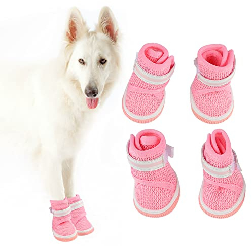 Qcwwy Hundesandalen, 4-teilig, Atmungsaktiv, Mesh, Frühling, Sommer, Hundeschuhe, Heißer Gehsteig, Hundepfotenschutz, rutschfeste Hundewanderschuhe für Kleine, Mittelgroße und Große