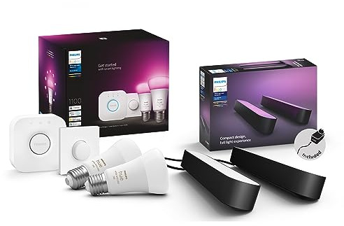 Philips Hue White & Color Ambiance E27 2er Starter Set inkl.Hue Bridge+2m Lightstrip Basis, 2x806lm, bis zu 16 Mio. Farben, dimmbar, steuerbar via App, kompatibel mit Amazon Alexa (Echo, Echo Dot)