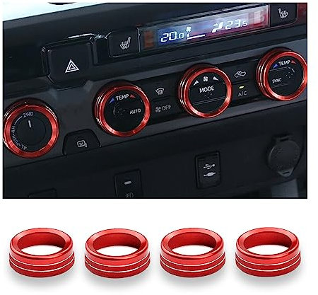 CGEAMDY 4 Stücke Auto Klimaanlage Knopf Abdeckung, Aluminiumlegierung Control Einstell Knopf Interior Verkleidung, Lautstärkeregler Schalter Dekorationsring(Rot)