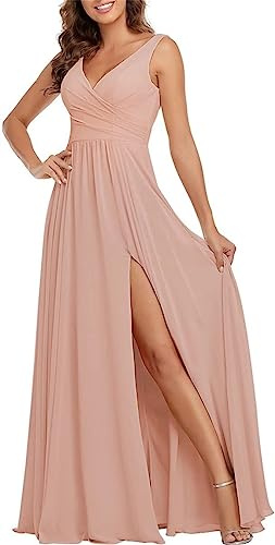 KURFACE Robe de demoiselle d'honneur de mariage pour femme, épaules dénudées, coupe trapèze, robe de fête formelle de mariage, rose poudré, 42