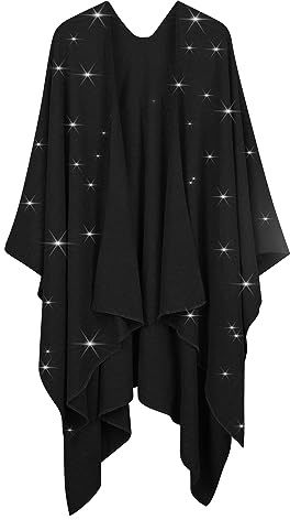 REEMONDE Womens Rhinestones Open Front Poncho Shawl Wrap Cape Ruana Travel Blanket Cardigan (Black)