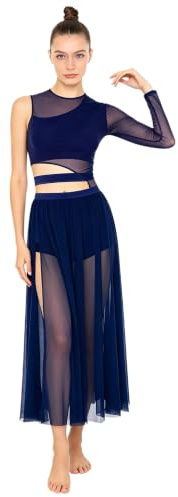 CHICTRY Lyrisches Tanzkleid Damen Lang EIN Schulter Contemporary Dance Kleid Outfit Navy blau M