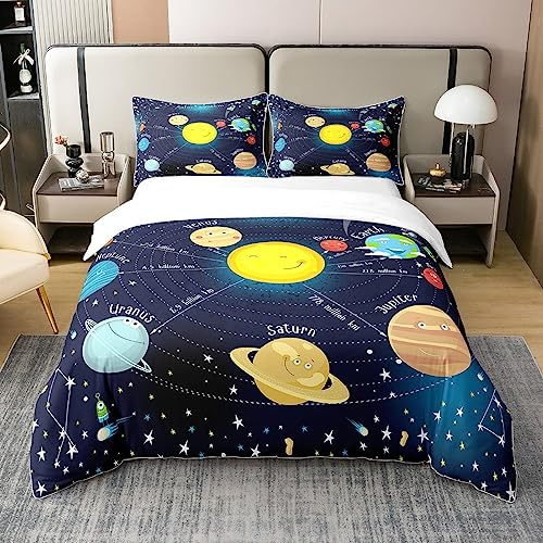 Homewish Housse de Couette l'espace 220x240 en Coton, Ensemble de Literie Ciel Étoilé pour Chambre d'enfant Garçon Fille, Parure de Lit Galaxie Planète Espace, Couvre Lit Système Solaire