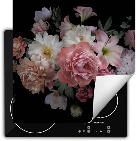 SMTDeco herdabdeckplatte Induktionsmatte herdabdeckung ceranfeld abdeckplatten für ceranfelder induktionskochfeld schutzmatte 60x52 cm Blumen Schwarz