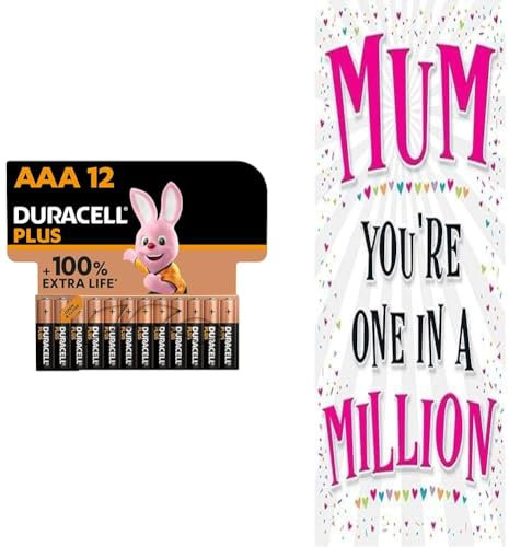 Duracell Plus AAA Batteries - Alkaline 1.5V - 0% Plastic Packaging - 10 Year Storage - LR03 MN2400 & Piccadilly Greetings Modern Birthday Card Mum One in a Million - 7 x 5 inches