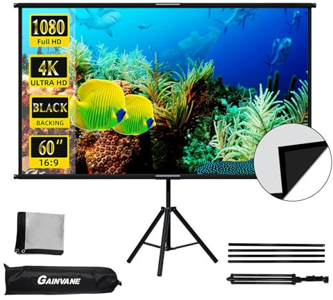 Schermo per proiettore con supporto, 60 pollici, schermo di proiezione per interni con retro nero, 16:9 HD Premium senza pieghe, treppiede per camera da letto, camper, film notturno