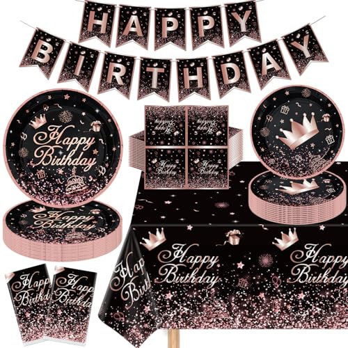 123 Stücke Schwarz und Rose Gold Party Supplies Schwarz Rosa Geburtstag Party Deko Set Roségold Glücklich Geburtstag Inklusive Teller, Servietten, Geburtstagsbanner, Partytischdecke für 40 Gäste