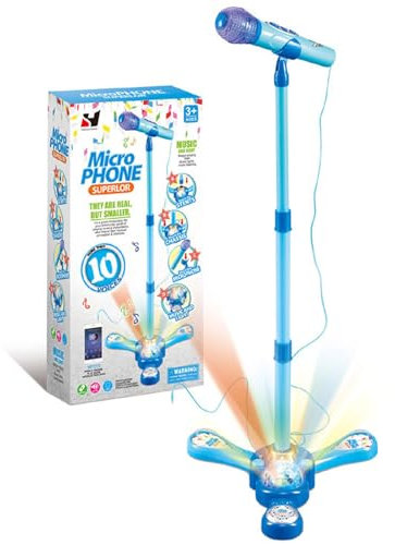 Kids Microphone and Stand Childrens Karaoke Machine with Lights for Girls Boys (Blue)