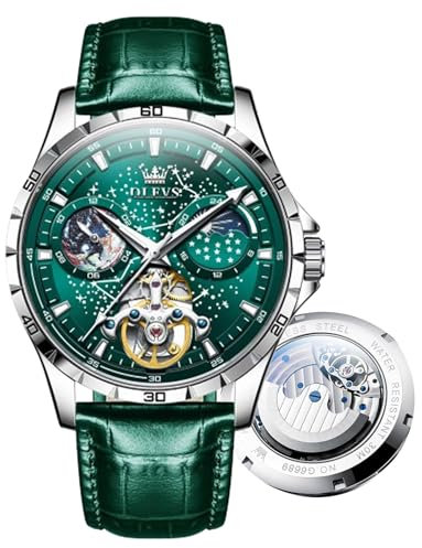 OLEVS Herren-Automatikuhr, Sternenhimmel, Skelett, Tourbillon, selbstaufziehend, mechanische Armbanduhr, wasserdicht und leuchtend, Edelstahl, Präzisions-Uhrenarmband, 6689 grünes Zifferblatt und