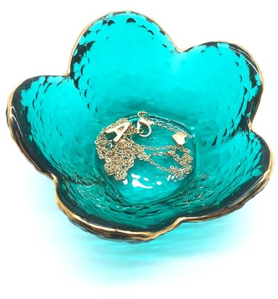BESSKON Glass Flower Ring Dish, Decorative Jewelry Tray, Clear Small Trinket Holder for Nightstand, Bathroom Organiser (Green)