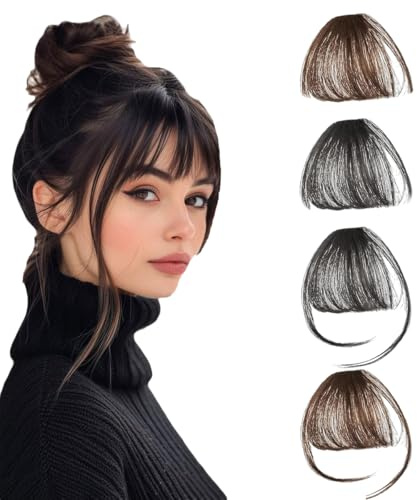 4 Stück Pony Haarteil, atürlichem Clip on Bangs Extensions, Clip in Haarverlängerungen für Frauen, Fake Bangs in Haarteile mit Koteletten, Clips on Air Französischer Pony (Schwarz, Hellbraun)