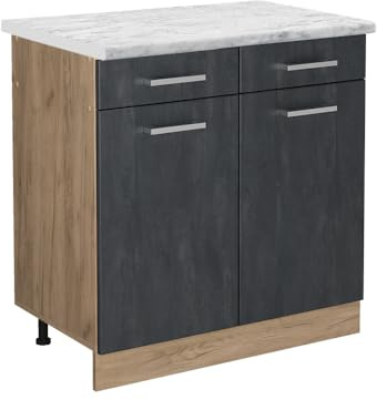 Vicco Küchenunterschrank R-Line, Schwarz Beton, 80 cm | 2 Schubladen · AP Marmor inkl. · Höhenverstellbare Füße · 2 Türen · ✓ Leichter Zugriff