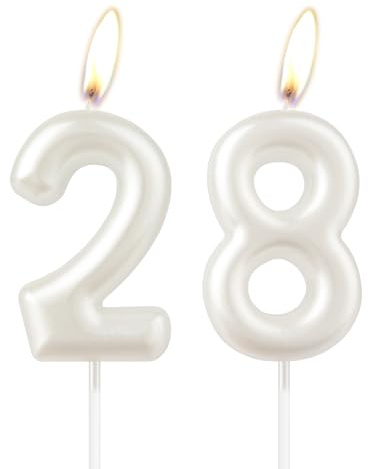 Perlweiße Geburtstagskerze, weiße Happy Birthday Zahl 28 Kerze, Kuchen-Kerzenaufsatz für Mädchen, Hochzeitstag, Gedenken