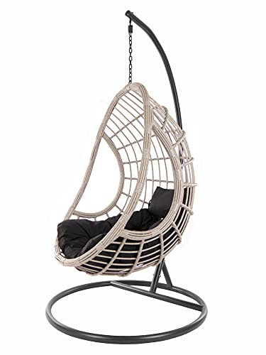 Kideo Komplettset: XXL Hängesessel mit Gestell & Kissen, Korbsessel, Poly-Rattan, grau-beige (Kissen: Chesterstepp schwarz [9999 Black], Korb: grau-beige Melange, Gestell: dunkelgrau)