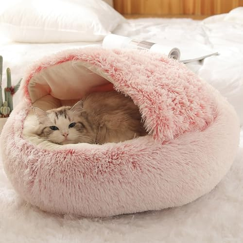 Sonhomay Katzenbett, Höhle, rund, weiches Plüsch, mit Kapuze, Donut, flauschiges Haustier-Schlafbett, selbstwärmendes Kuschelkissen für den Innenbereich, kleine, mittelgroße Hunde und Katzen, 50 x 50