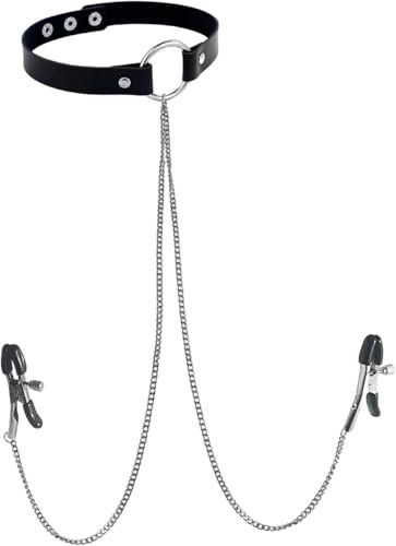 Neck Collar&Nipple Clamps Metal Clip Stainless Steel Non Piercing Nipple Rings with Choker Chain Restraint Body Piercing (Black)