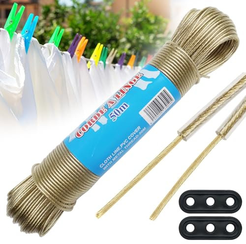 UZSUZZ Wäscheleine 50m Extra Stark mit Stahleinlage, Reißfeste und PVC-beschichtete Wäscheleine für Garten, Camping und Haushalt – Robustes Wäscheseil, Dehnungsfrei und Witterungsbeständig