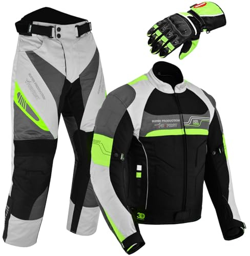Fully Protective Motorbike Suit With Gloves Waterproof 2 Piece Full Suit in Cordura Fabric and CE Approved Armours - Jacket+Trouser+Gloves All Season