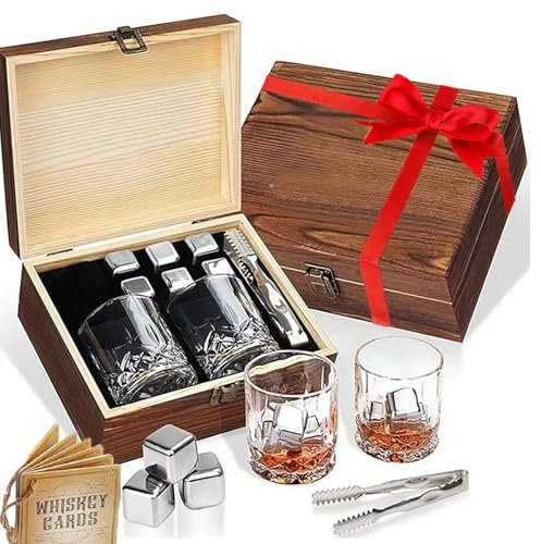 Caossuixin Whiskey Glass Gift Set, Whiskey Stones, Whiskey Glasses Set of 2, 6 Stainless Steel Whiskey Chilling Stones, 2 Glasses, Handmade Exquisite Wooden Box, Gift for Whisky Scotch Bourbon Lover