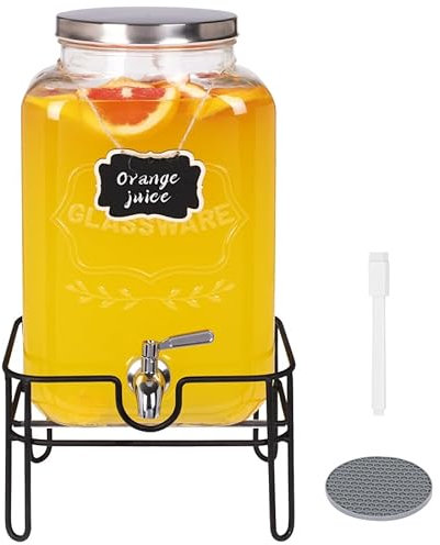 Bululuo Glass Drinks Dispenser for Parties, 2 Gallon Beverage Dispenser with Stand for Juice and Iced Tea, Water Jug Dispenser for Lemonade, Party Essential Beverage Pitcher with Spout