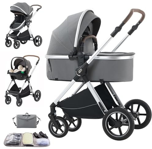 Shineey Passeggino 3 pezzi Carrozzina Ovetto Schienale Regolabile Completamente Reclinabile passeggino 3 in 1Grandi Ruote pneumatici in gomma,passeggino combinato (D2/DEEPGREY, H2-D)