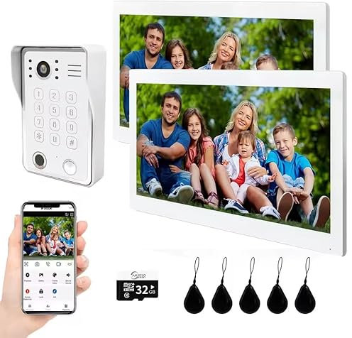 Visiophone Connecté 4 Fils Kit,Interphone vidéo WiFi Système d'interphone 1080P,Portier Vidéo pour Une Famille,Audio Bidirectionnel, Vision Nocturne,Contrôle d'accès RFID (1 doorbell(W)+2*10 inch(W))