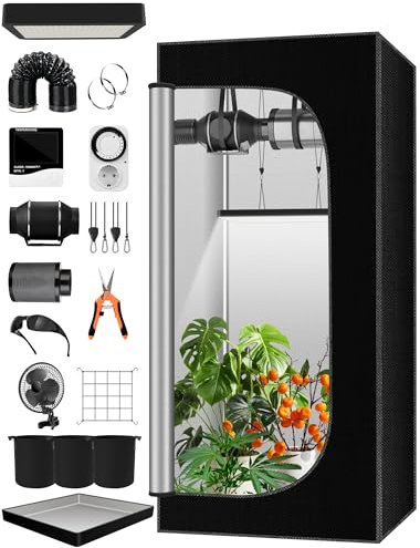 Set completo per coltivazione indoor, grow box 60x60x140 cm, sistema di coltivazione con lampada LED da 100 W, ventilatore automatico da 4 pollici, filtro al carbone e ventilatore