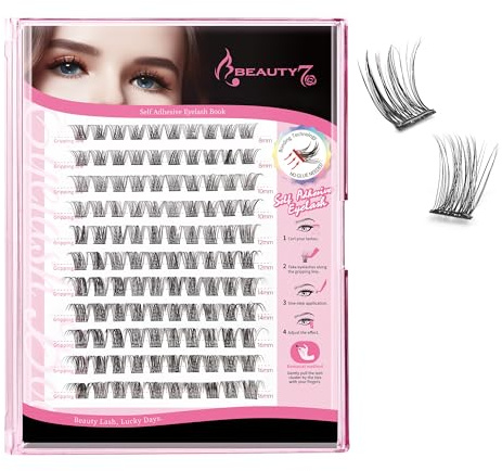 Beauty7 Pre Glued Cluster Lash 110pcs DIY Eyelash Self Adhesive 8MM-16MM D Curl Eyelashes Press On Stick Lashes Reusable Self-adhesive Eyelash Clusters 1 Step Pre Glued Lashes Cluster