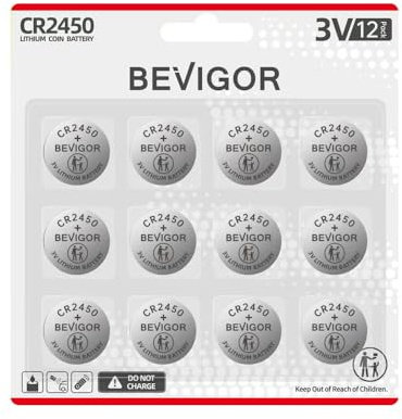 Bevigor 2450 Batterie Kompatibel mit Fitnessgeräten CR2450 Lithium 3V Münzbatterie für Kindersicherheit, Auto Alarm, passend für Schlüsselanhänger, Uhr und mehr (CR2450-12)