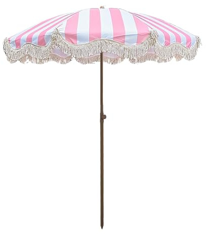 WBQYIPD Parasol de plage à franges de 200 cm for terrasse et jardin, parapluie portable à pompons, protection solaire, imperméable, rayures roses et blanches