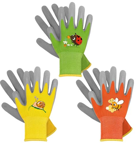 WAWSAM Kinder-Gartenhandschuhe, 3 Paar, gummierte Arbeitshandschuhe für Kleinkinder, Orange + Gelb + Grün, 5–7 Jahre