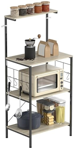 HOMCOM Étagère de Cuisine, Support pour Micro-Ondes, étagère de Rangement, avec Panneau grillagé, 8 Crochets, Station de Bar à café pour épices, casseroles et poêles, 60 x 42 x 134,5 cm, chêne