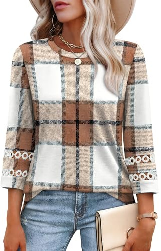 Women Blouses Dressy Casual Crewneck T Shirts 3/4 Sleeve Tunic Tops Loose Fit Dressy Trendy Fasll Outfits Plaid Brown M