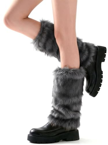 APLZGMG Kunstpelz Beinwärmer Plüsch Beinwärmer Beinstulpen Damen, Leg Warmers, Flauschig Plüsch Stiefelsocken, Furry Kostüm, 40cm, Dunkelgrau Ombre für Winter, Karneval, Halloween, Verkleidung