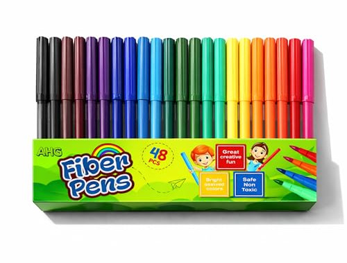 AHG 48 Fine Tip Felt Tip Pens Set for Adults & Kids | Non-Toxic Colouring Pens with Smooth Ink Flow | Vibrant Markers for Drawing, Journaling, Art, Sketching & School Supplies | Gift Box Set