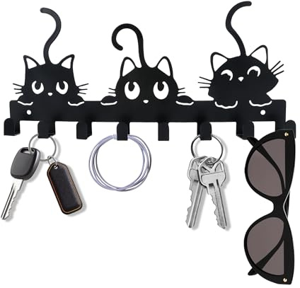 WUISOLQP Schlüsselbrett Modern aus Metall Schlüsselhalter Schlüsselhaken für die Wand Hakenleiste mit Katzenkunstmuster 8 Haken Wand Deko für Flur,Wohnung,Wohnzimmer & Küche (3 Katzen)