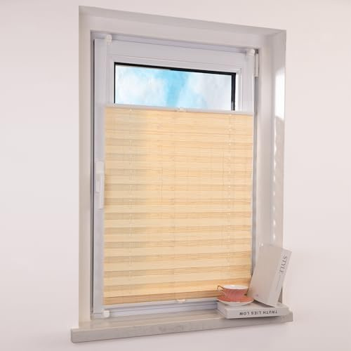 Deswell Bambus Plissee Klemmfix ohne Bohren, Natur B65 x H130cm, Klemmträger Plisseerollo Sonnenschutz und Sichtschutz Jalousien Faltrollo Blickdicht und lichtdurchlässig Rollo für Fenster & Tür